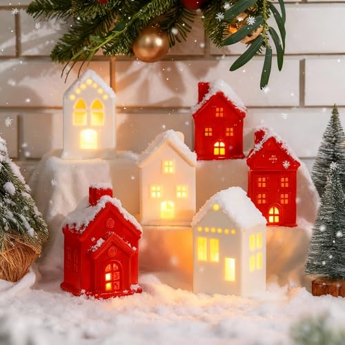 6 Pcs Ceramic LED Lighted Christmas Village Houses Green and White E83705