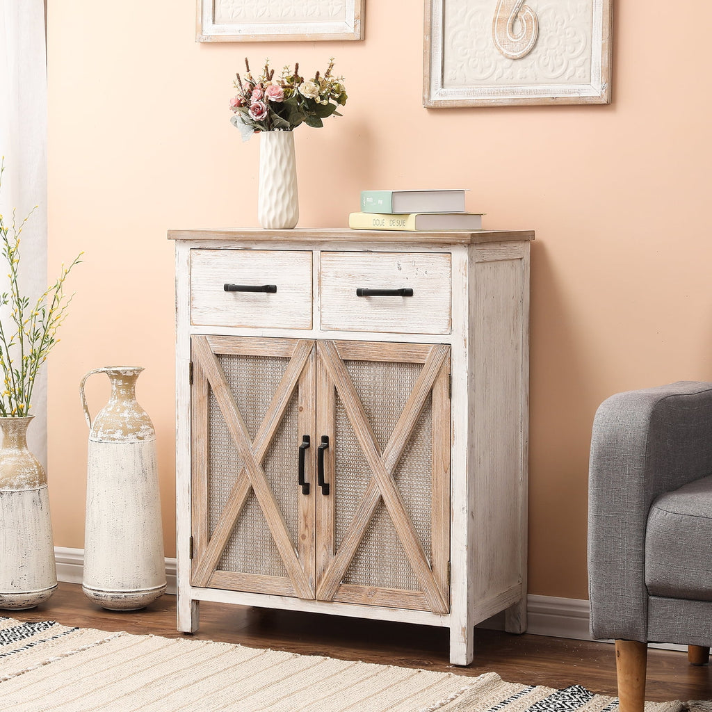 White Natural Wood 2 Drawer 2 Door Storage Cabinet Y82270