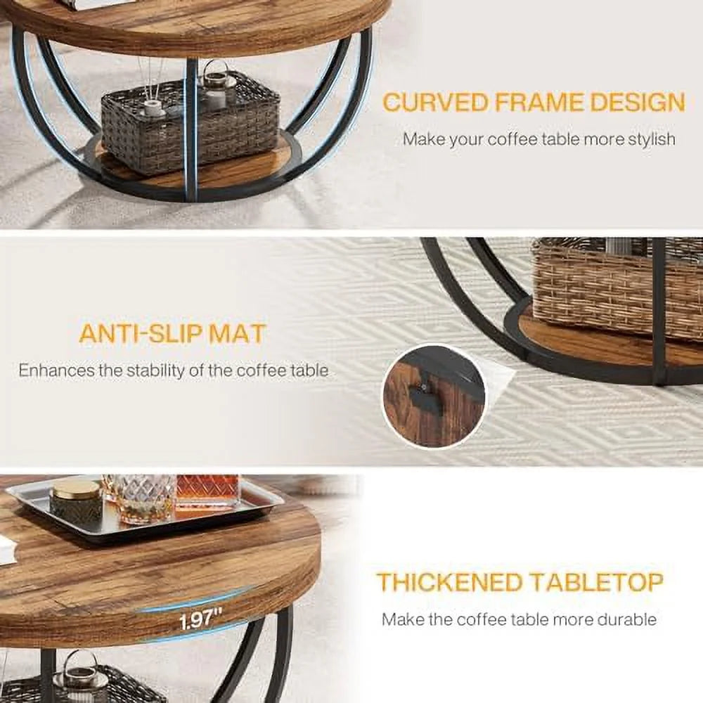Round 2-Tier Wooden Coffee Table with Shelves Z809