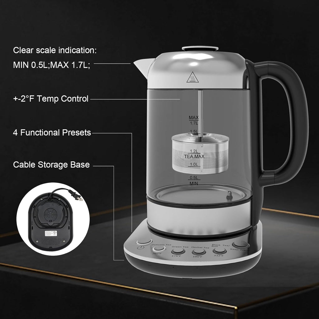 1.7L Borosilicate Glass Electric Kettle with Temperature Control L67525