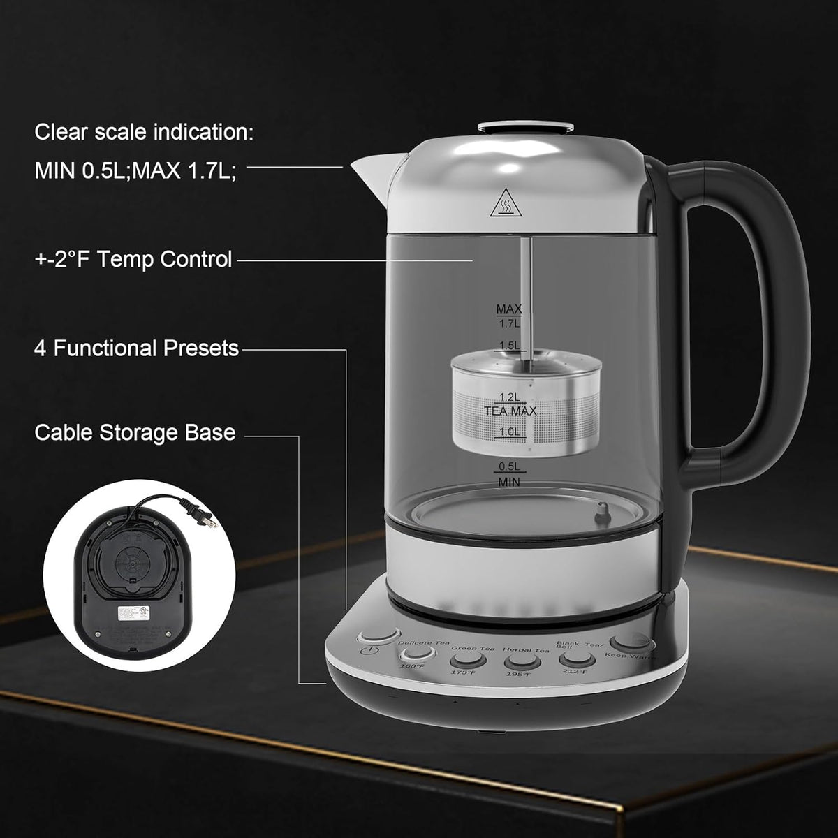 1.7L Borosilicate Glass Electric Kettle with Temperature Control L67525