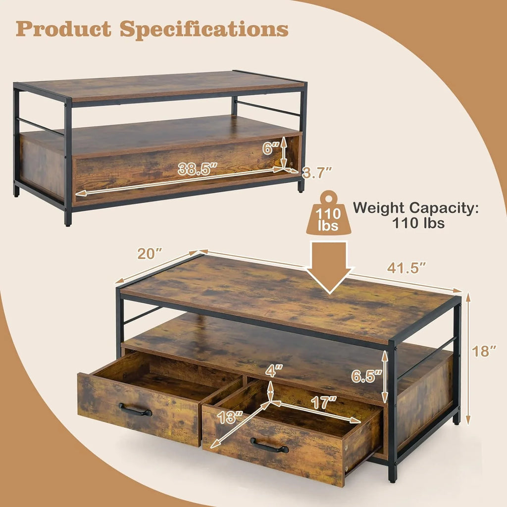 Coffee Table with Storage, Industrial Rectangular Cocktail Table, Metal Frame Wooden Accent Table Q455909