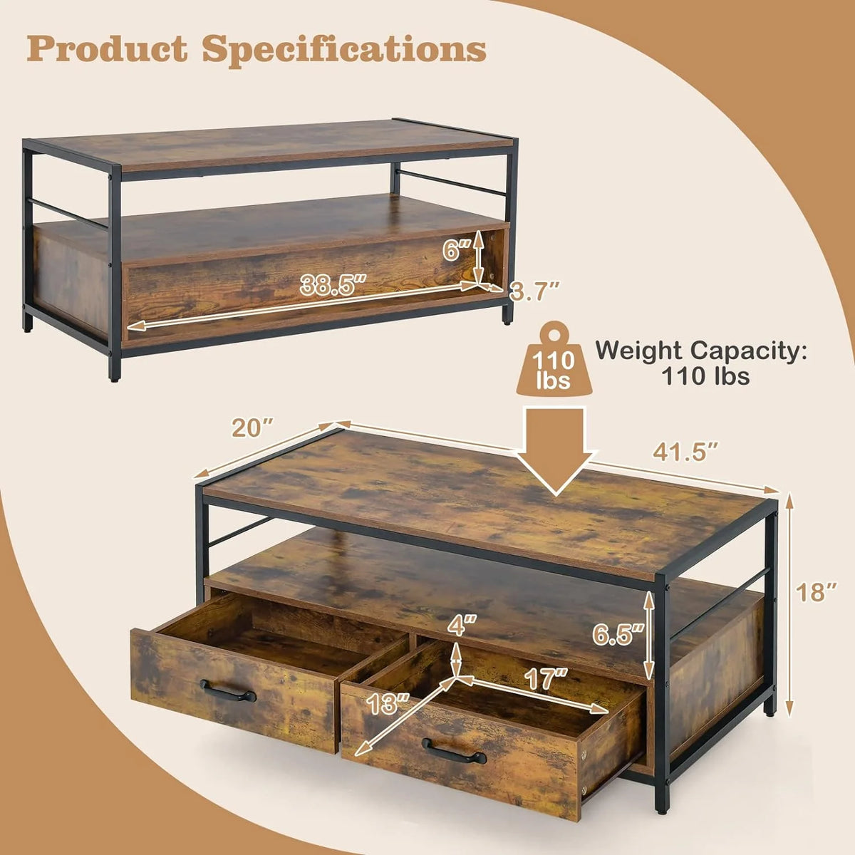 Coffee Table with Storage, Industrial Rectangular Cocktail Table, Metal Frame Wooden Accent Table Q455909