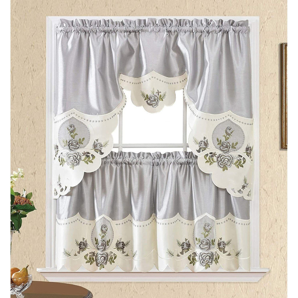 Gold Sun Flower Embroidery Kitchen Curtain 3PC Set R64535