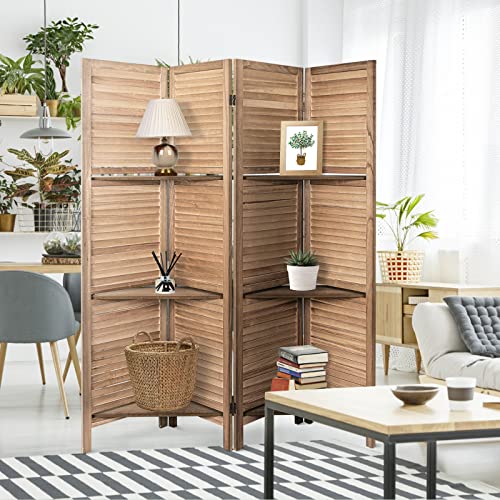 4 Panel Brown Wood Room Divider with Shelves J22675