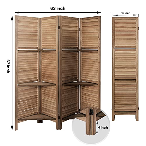 4 Panel Brown Wood Room Divider with Shelves J22675
