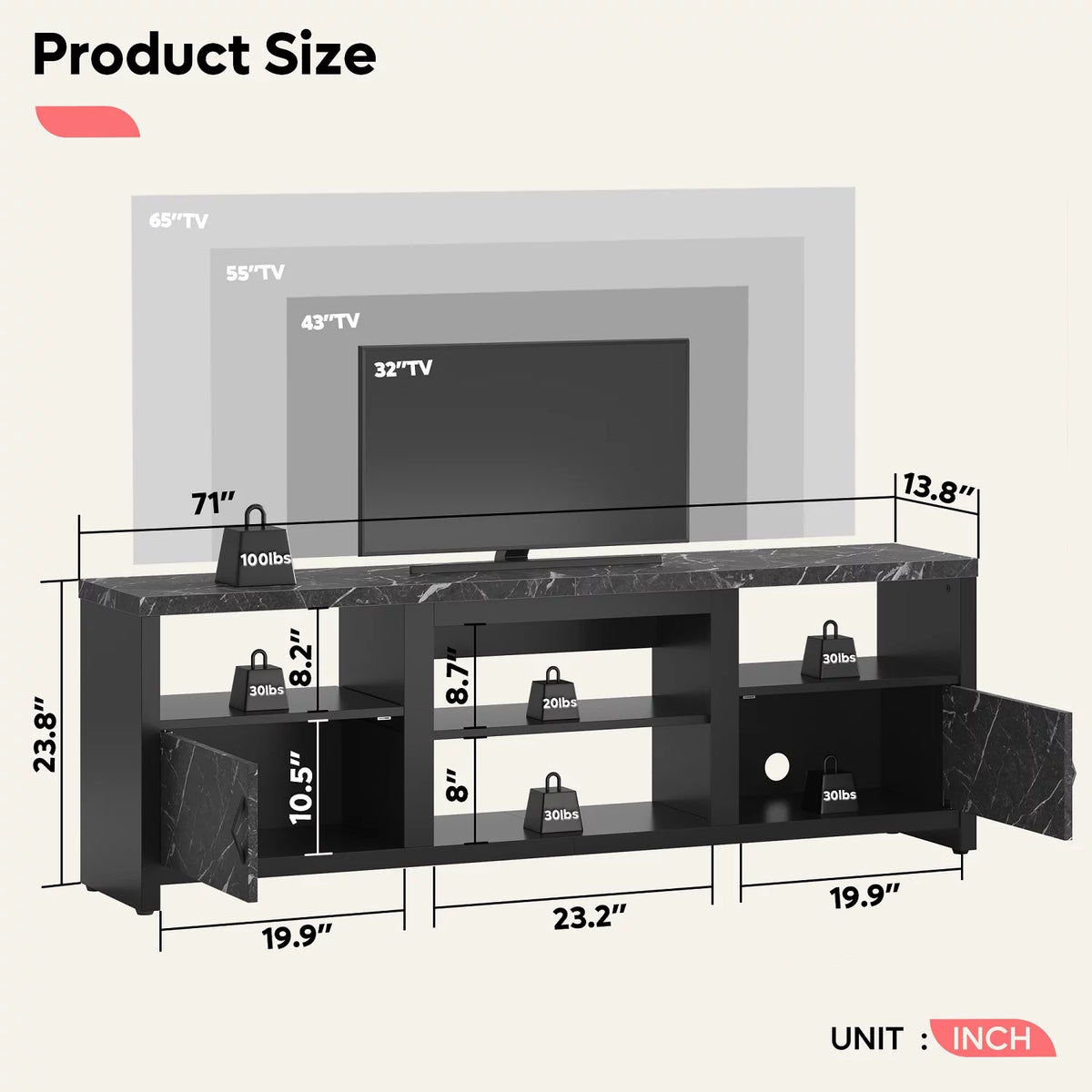 70 LED TV Stand with Cabinet & Open Shelves, Black Marble K97160