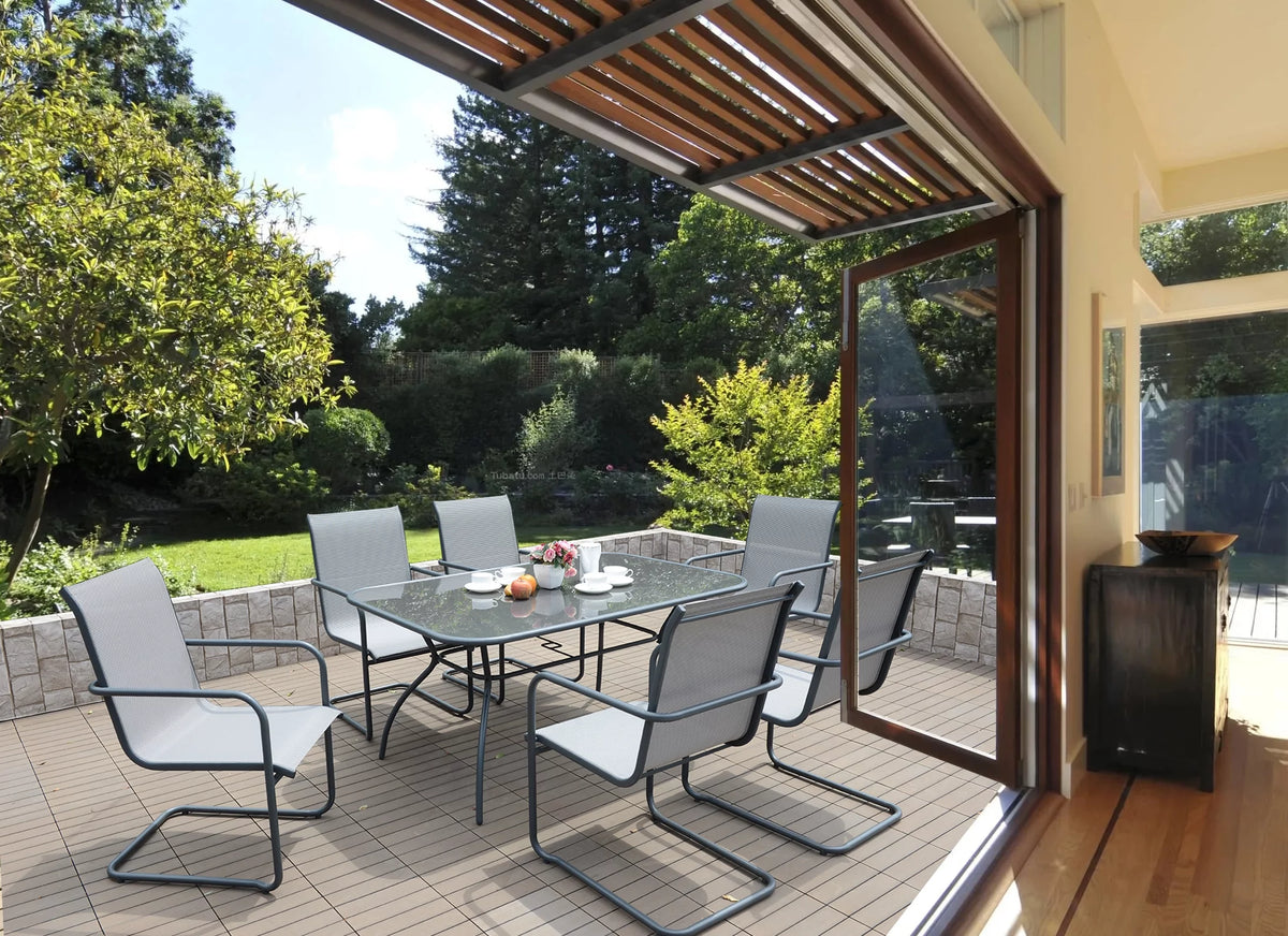 7PCS Outdoor Dining Set Textilene C Spring Chair Tempered Glass Metal Table H298970