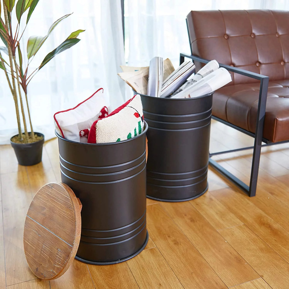 Rustic Storage Ottoman Seat Stool Metal Side Table with Wood Lid V2489