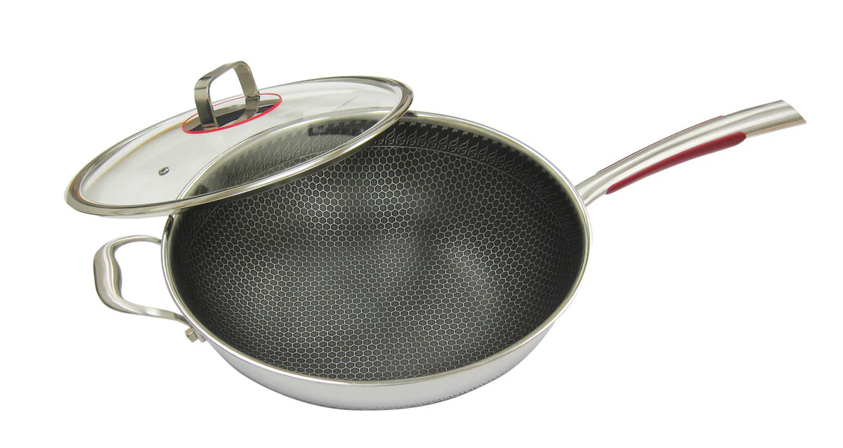 34cm Non Stick 3-ply Stainless Steel Wok with Glass Lid Y96417