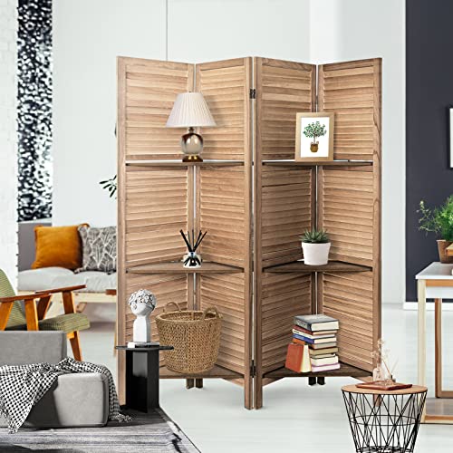 4 Panel Brown Wood Room Divider with Shelves J22675