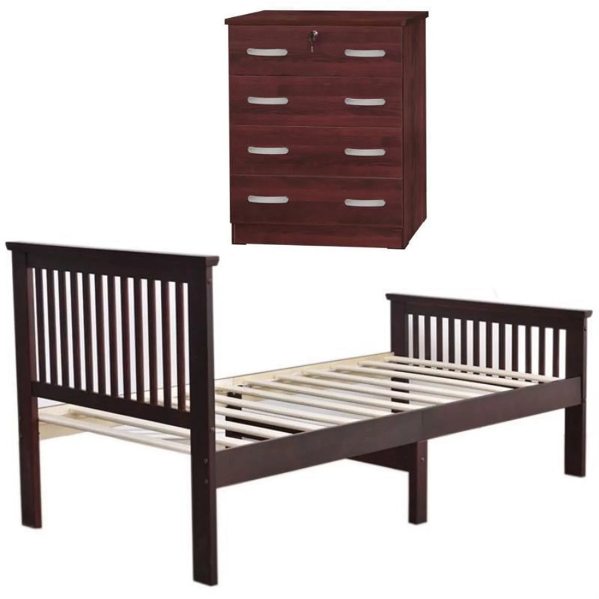 Pine Twin Bed and Dresser with Lock in Mahogany J63823