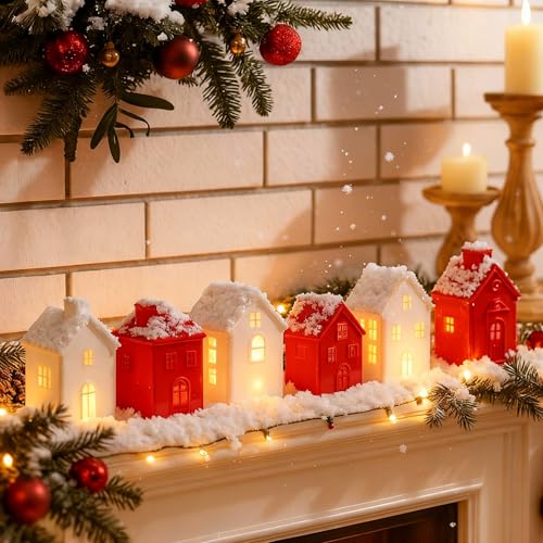 6 Pcs Ceramic LED Lighted Christmas Village Houses Green and White E83705