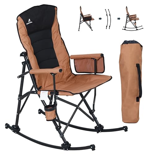 Oversized Folding Rocking Camping Chair with Padded Backrest and Hard Armrests, Brown W517022