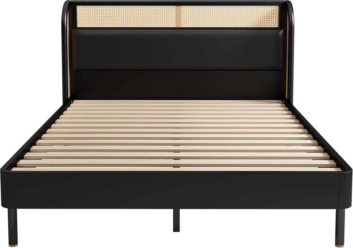 Queen Size Rattan Platform Bed with Wingback Headboard U687