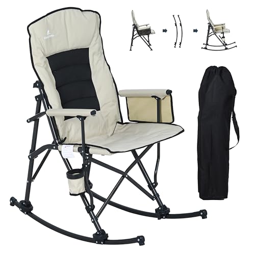 Oversized Folding Rocking Camping Chair with Padded Backrest and Hard Armrests, Brown W517022