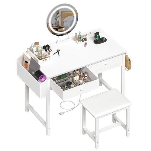 White Vanity Table Set with Mirror and Chair C753794