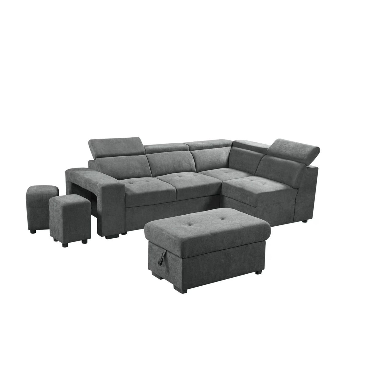 Light Gray Sleeper Sectional Sofa with Storage Ottoman and 2 Stools K72921