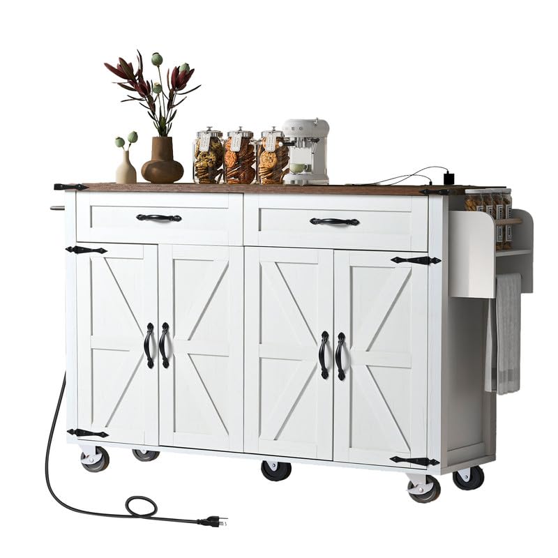 Farmhouse Kitchen Island with Power Outlet, Drop Leaf, Spice Rack and Drawer, Rolling Kitchen Cart on Wheels F267
