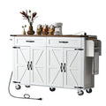 Farmhouse Kitchen Island with Power Outlet, Drop Leaf, Spice Rack and Drawer, Rolling Kitchen Cart on Wheels F267