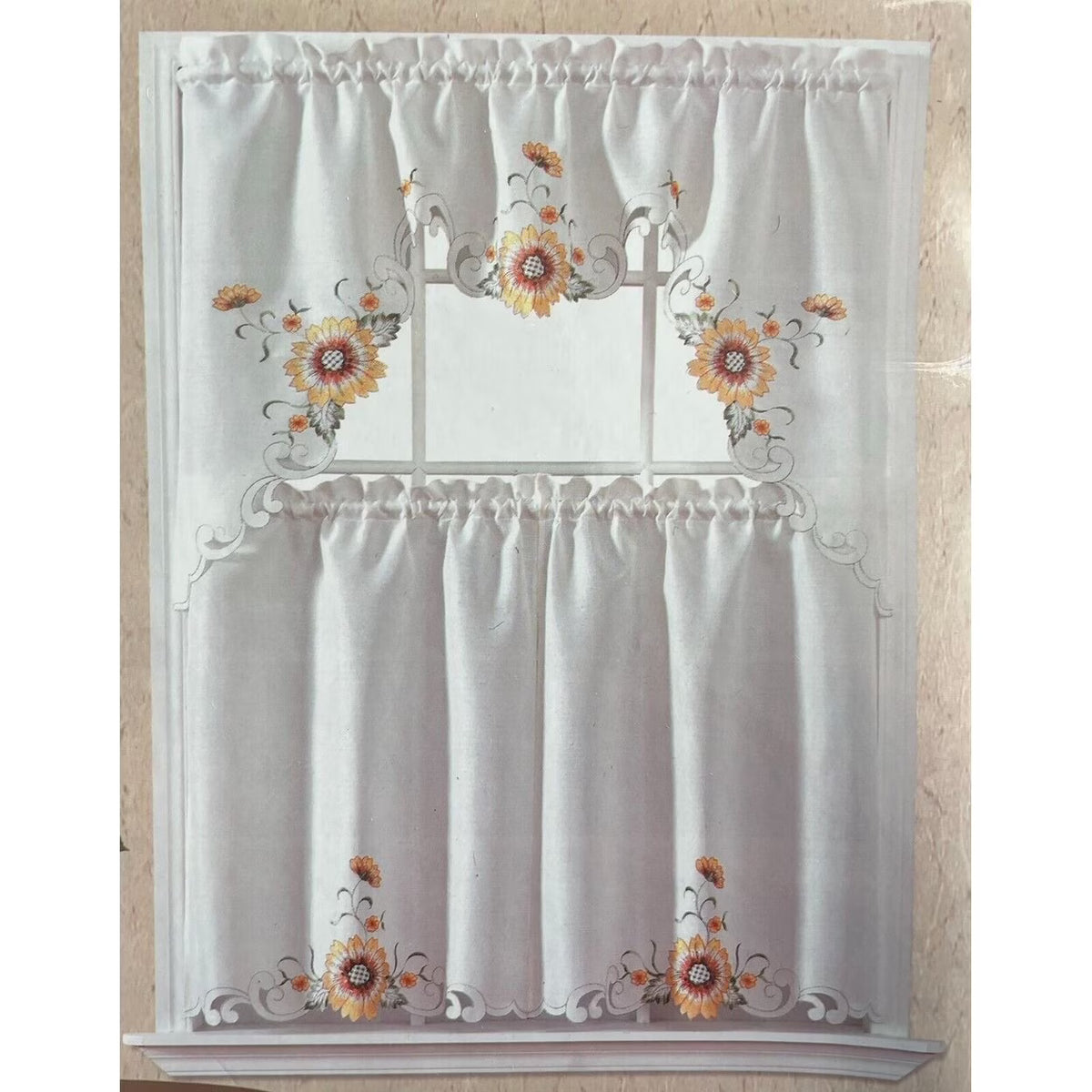 Gold Sun Flower Embroidery Kitchen Curtain 3PC Set R64535
