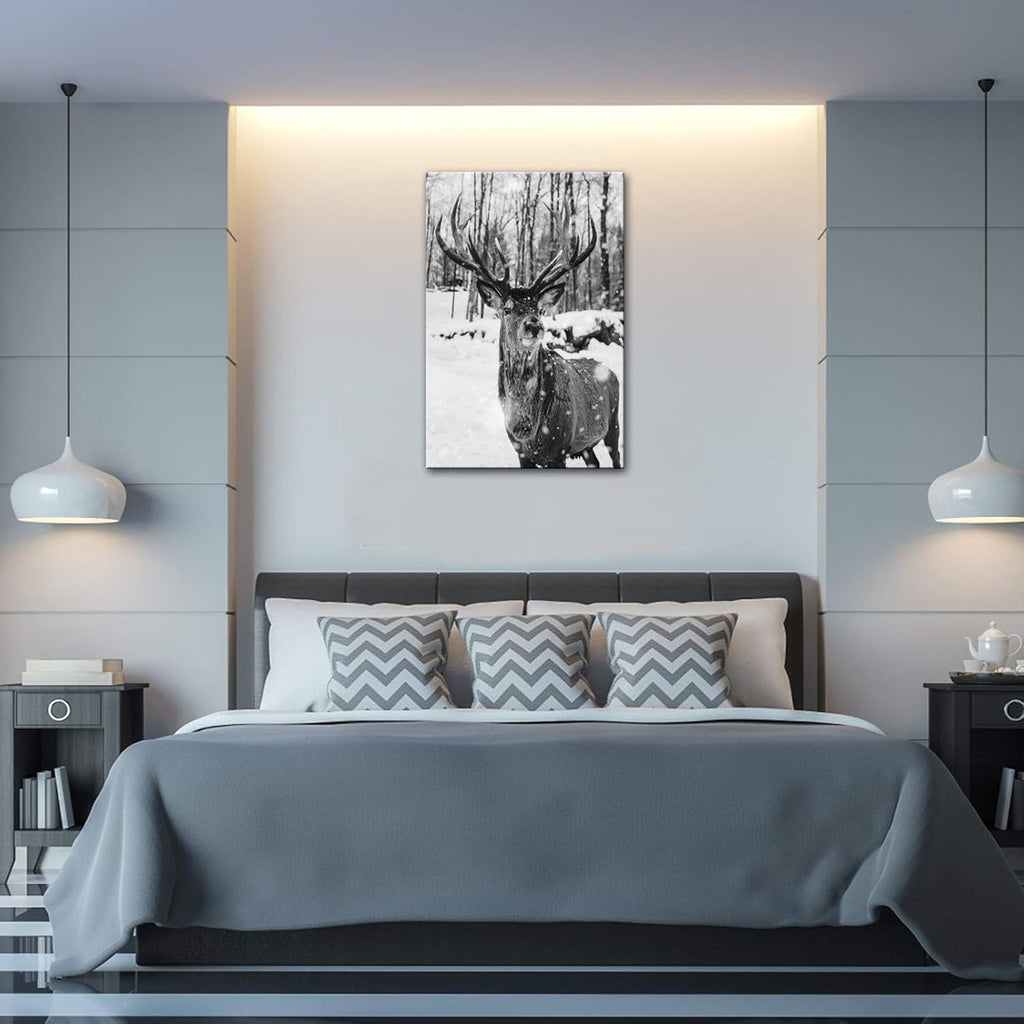 Black and White Deer in Winter Forest Canvas Print Wall Art C5405