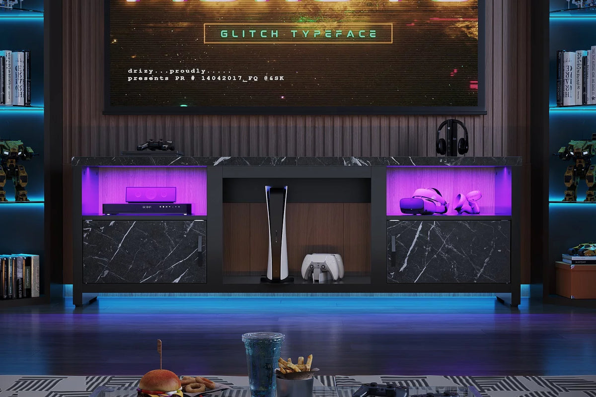 70 LED TV Stand with Cabinet & Open Shelves, Black Marble K97160