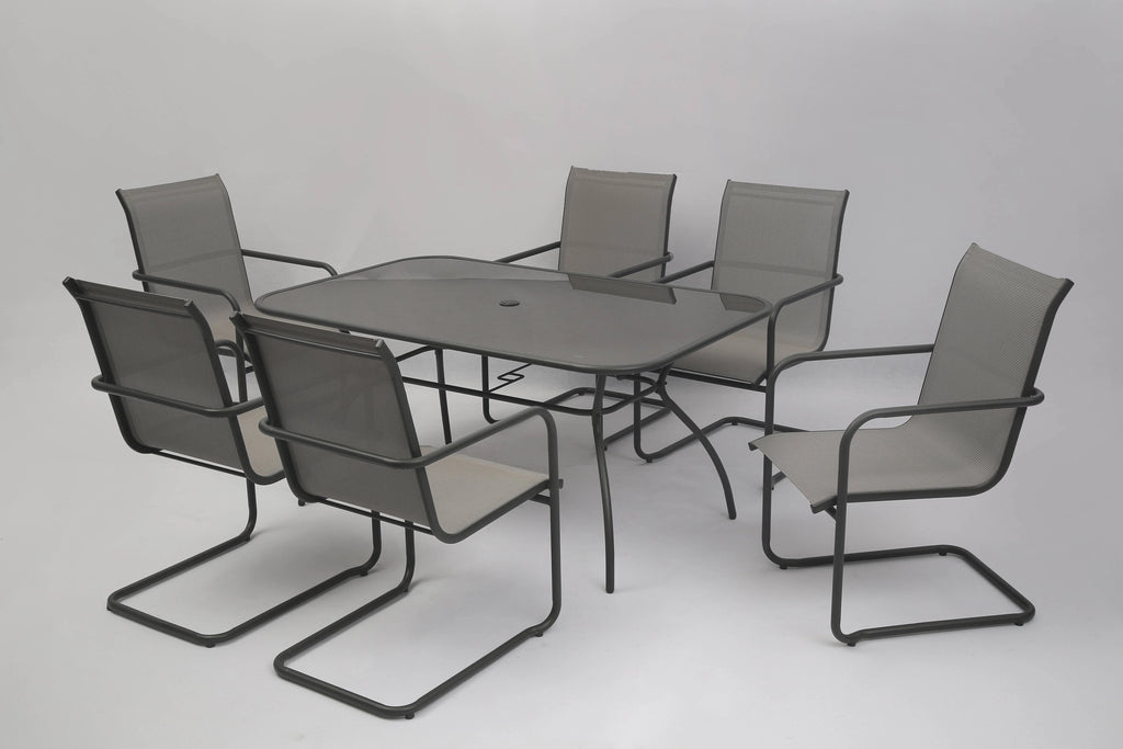 7PCS Outdoor Dining Set Textilene C Spring Chair Tempered Glass Metal Table H298970
