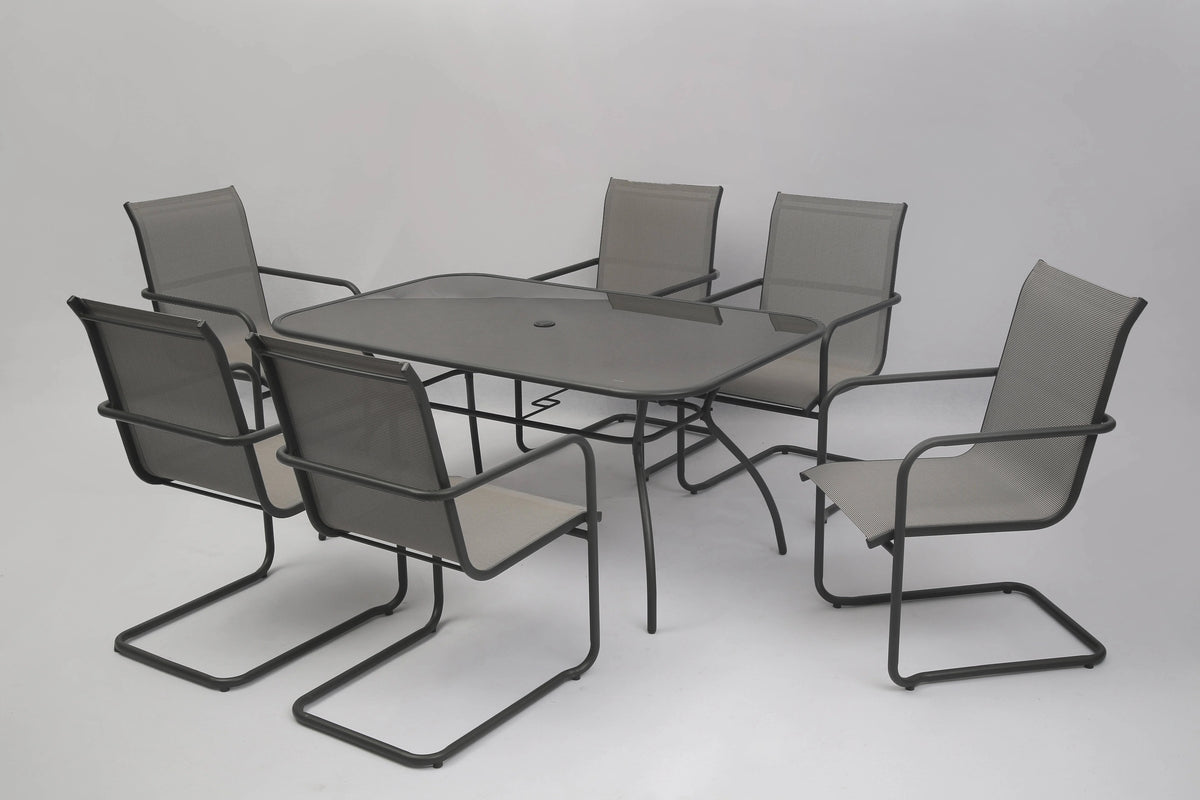 7PCS Outdoor Dining Set Textilene C Spring Chair Tempered Glass Metal Table H298970