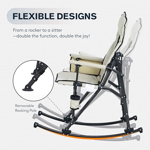 Oversized Folding Rocking Camping Chair with Padded Backrest and Hard Armrests, Brown W517022