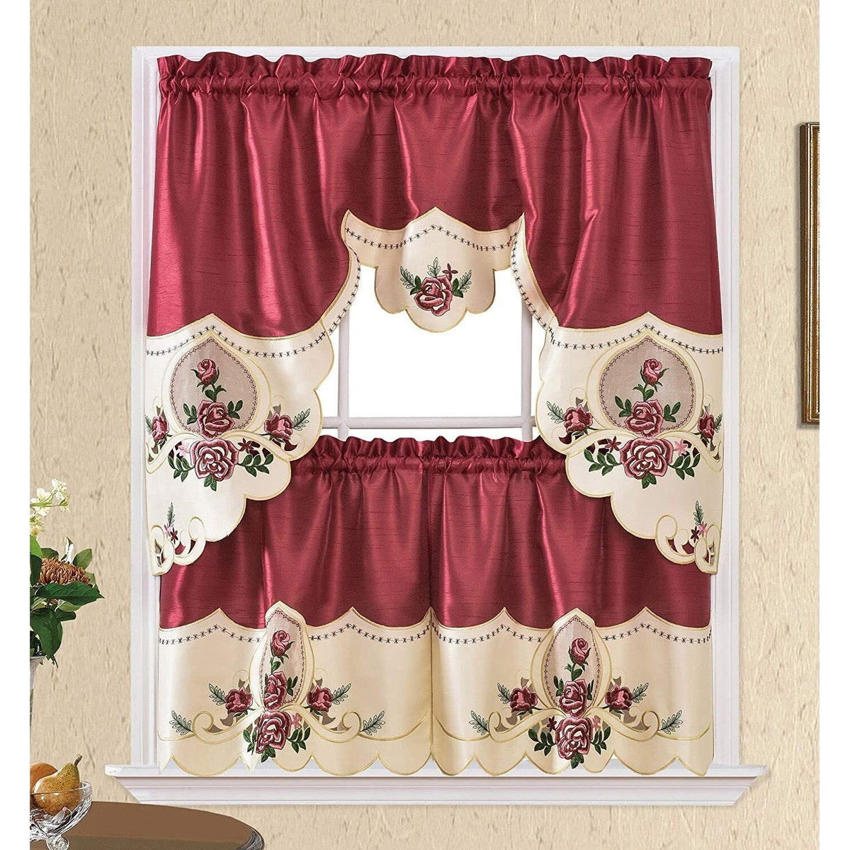 Gold Sun Flower Embroidery Kitchen Curtain 3PC Set R64535