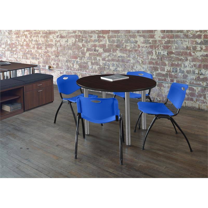 36x22 Round Breakroom Table Maple Chrome with 4 Stack Chairs Black E389519