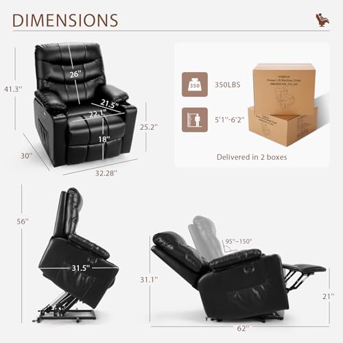 PU Leather Electric Power Lift Chair Recliners with Heat and Massage, Adjustable Back Leg, USB Ports, Cupholders C351