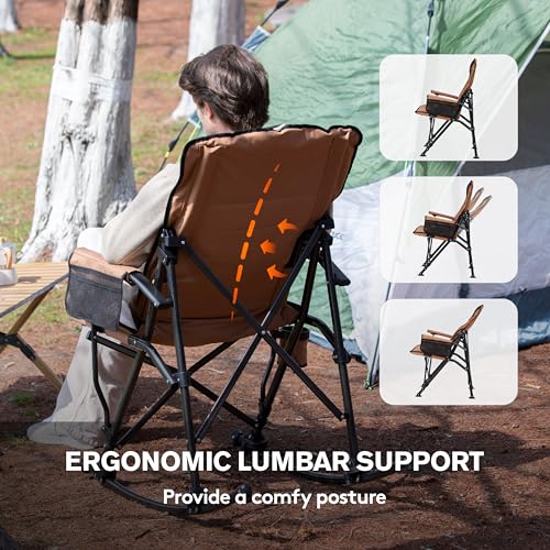 Oversized Folding Rocking Camping Chair with Padded Backrest and Hard Armrests, Brown W517022