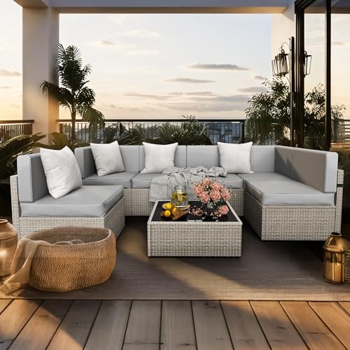 7-Piece All-Weather Wicker Patio Sectional Sofa Set with Washable Cushions S83890