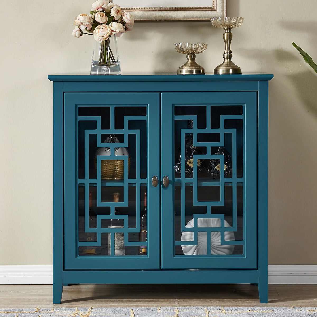 Teal Blue Wooden Buffet Cabinet with Adjustable Shelves I6306