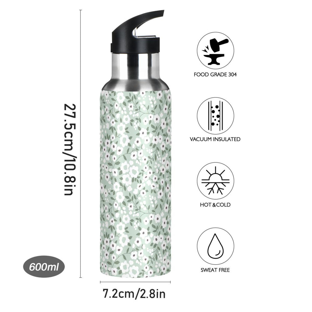 White Floral Green 20 OZ Stainless Steel Water Bottle with Straw Lid A1955