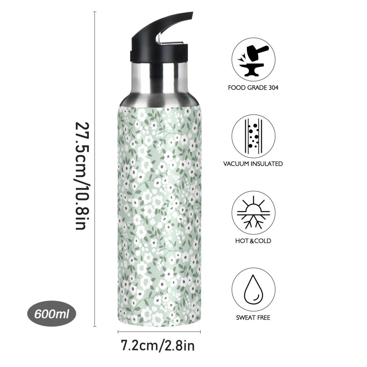 White Floral Green 20 OZ Stainless Steel Water Bottle with Straw Lid A1955