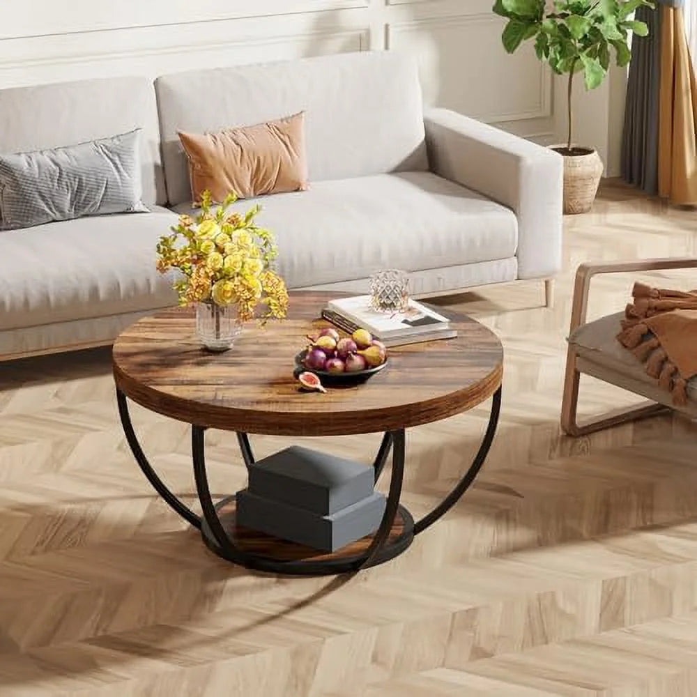 Round 2-Tier Wooden Coffee Table with Shelves Z809