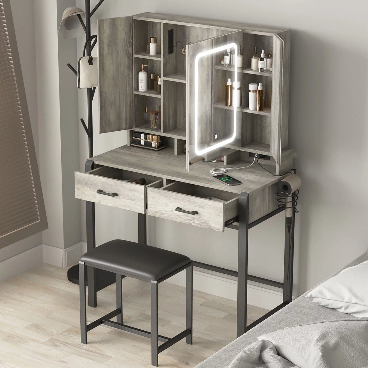 35.4in Makeup Vanity Desk with Lighted Mirror and Power Strip L207