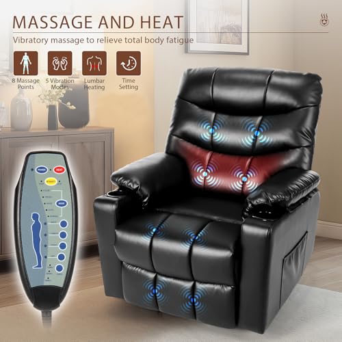 PU Leather Electric Power Lift Chair Recliners with Heat and Massage, Adjustable Back Leg, USB Ports, Cupholders C351