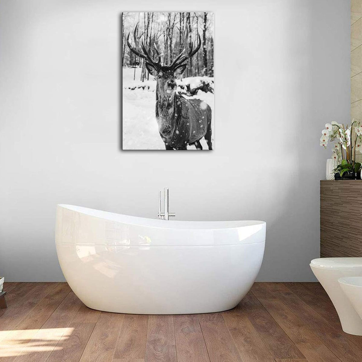 Black and White Deer in Winter Forest Canvas Print Wall Art C5405