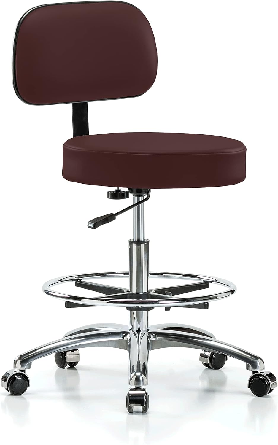 Chrome Rolling Height Adjustable Exam Stool with Back and Footring P17026