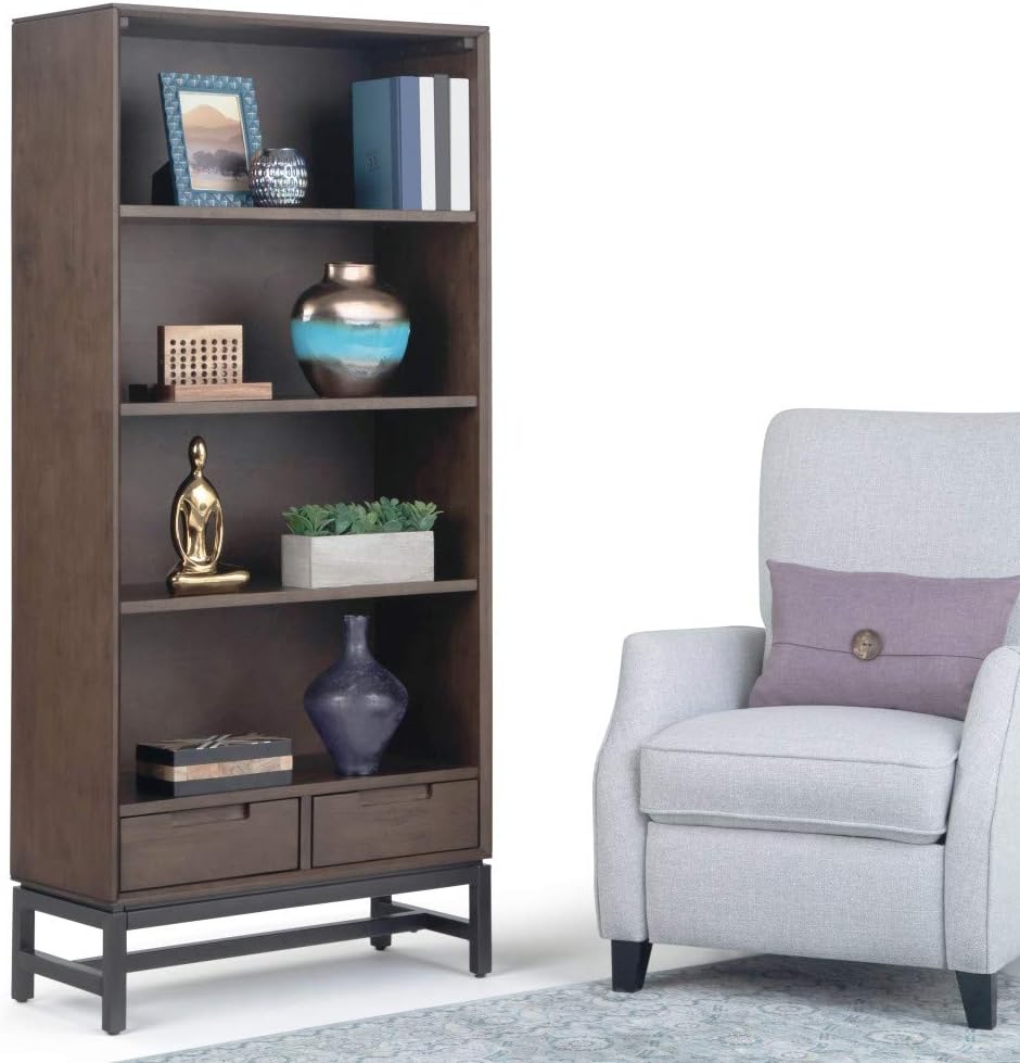 66 inch Walnut Brown Solid Hardwood and Metal Bookcase with 2 Drawers and 4 Shelves B75426