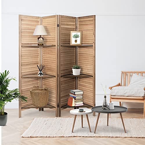 4 Panel Brown Wood Room Divider with Shelves J22675