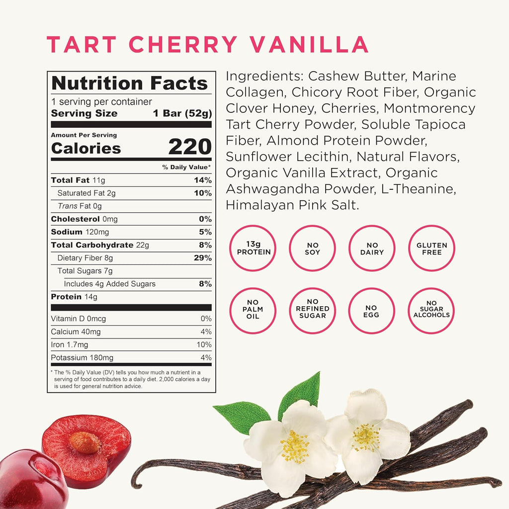 Tart Cherry Vanilla Marine Collagen Protein Bar with Ashwagandha and L-Theanine (Pack of 12) O242717