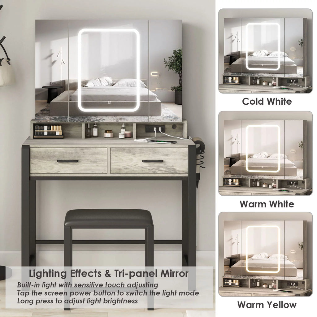 35.4in Makeup Vanity Desk with Lighted Mirror and Power Strip L207