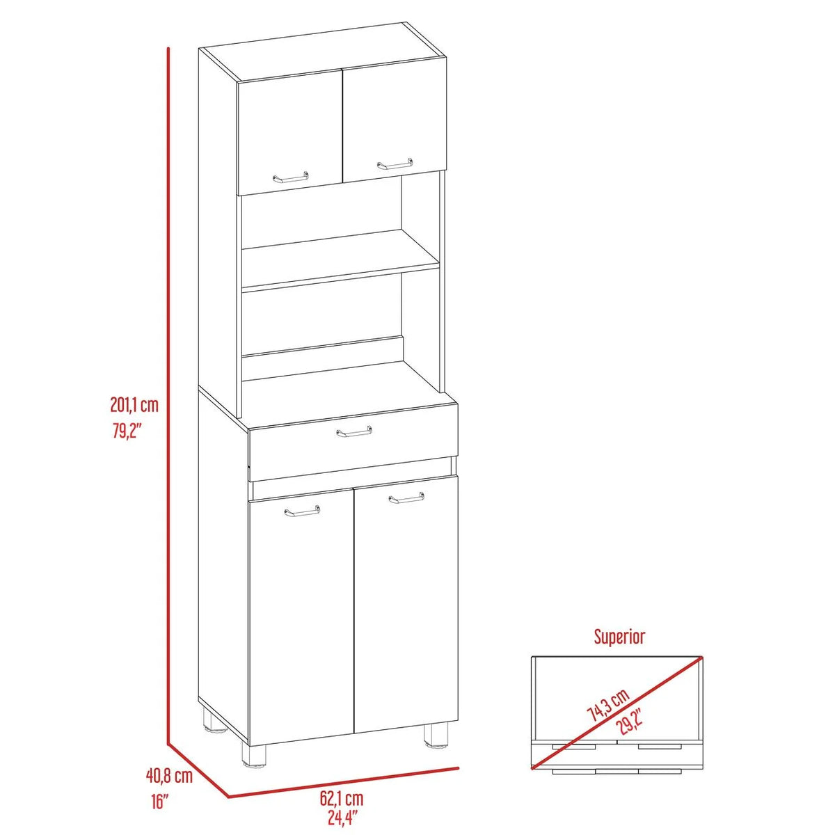 2-Shelf 1-Drawer Microwave Pantry Cabinet White D8925