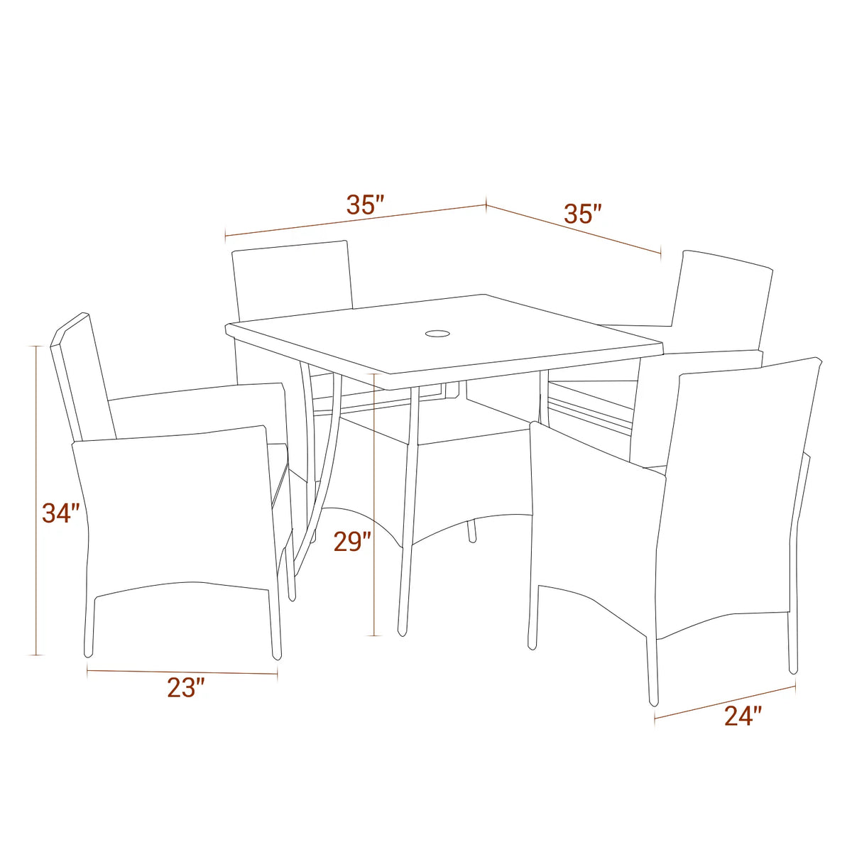 5 Pcs Grey Wicker Patio Dining Set with Umbrella Hole S99315