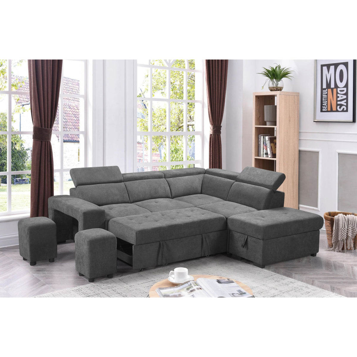Light Gray Sleeper Sectional Sofa with Storage Ottoman and 2 Stools K72921